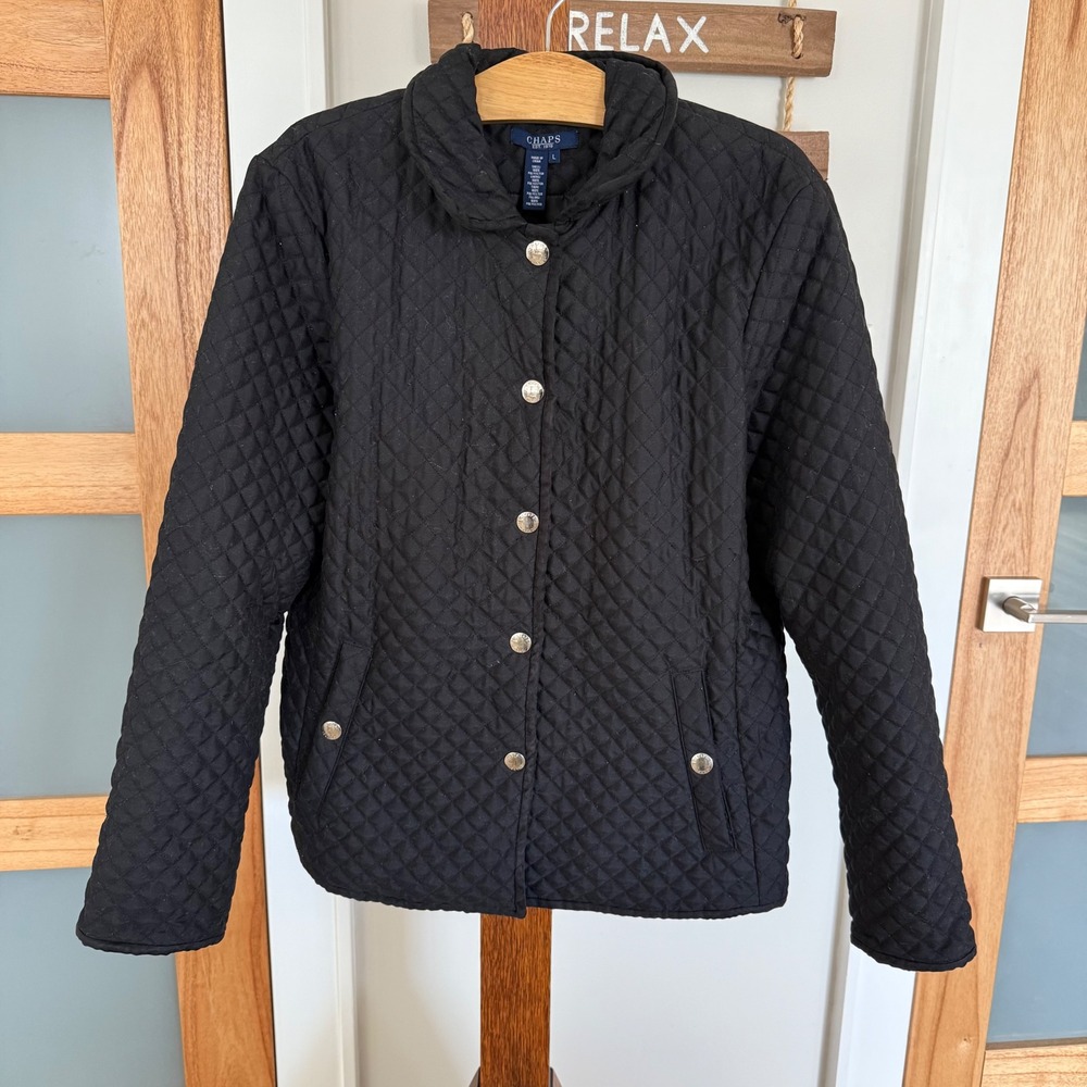 Chaps Black Quilted Diamond Stitch Snap Front Minimalist Jacket Womens Large EUC